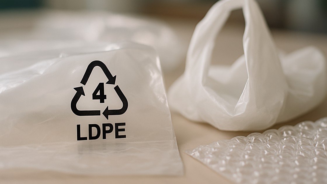 LDPE 4 jelölésű műanyag zacskó és fólia közelről, újrahasznosítási kontextusban