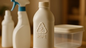 Műanyagpalackok és csomagolások közeli képe, a HDPE (2) jelöléssel kiemelve